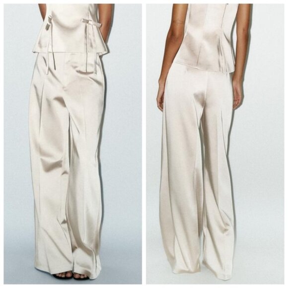 Zara Champagne color satin Pantsuit with bow detail Size XXL NWT - Picture 3 of 12